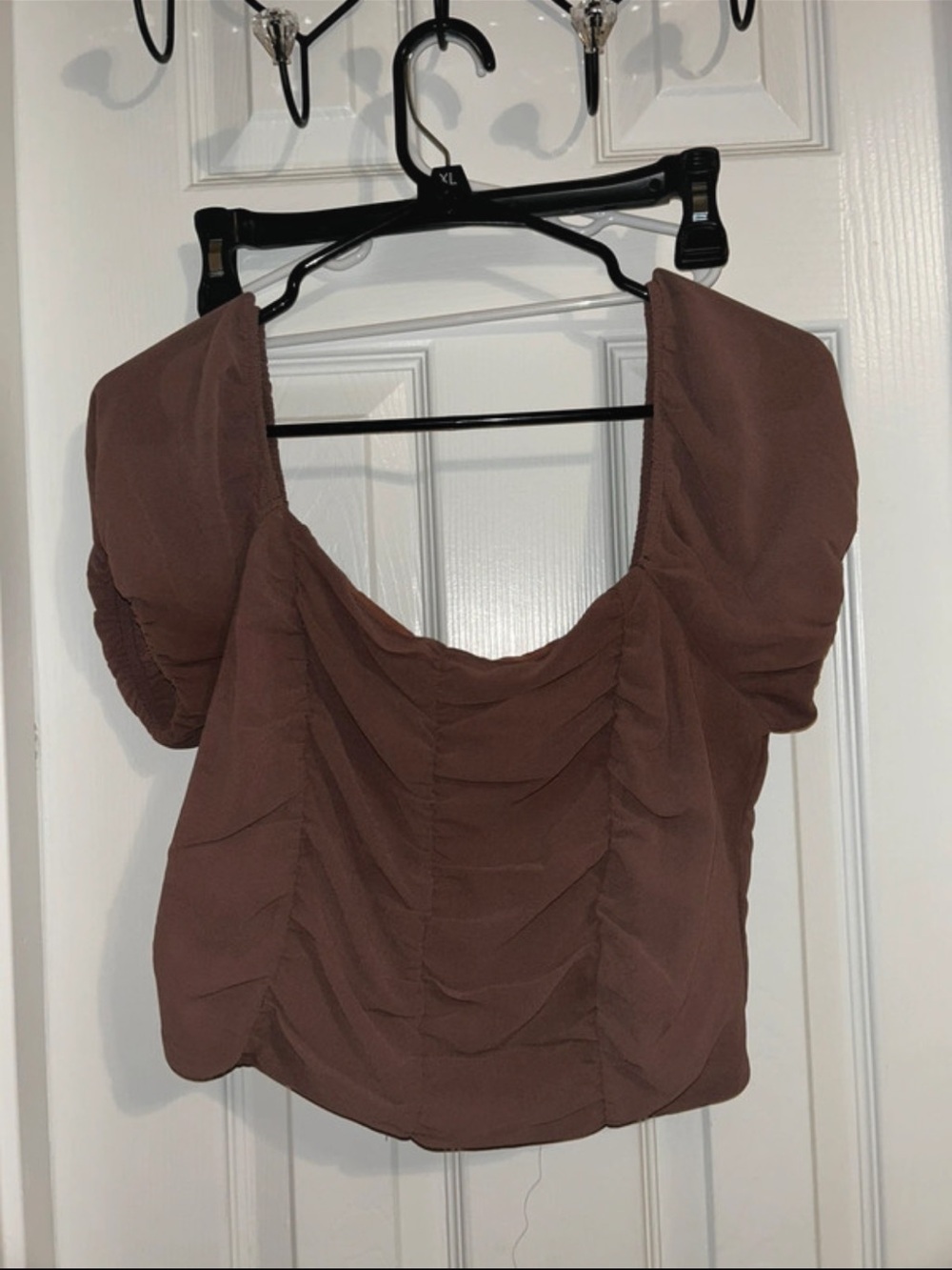 Love Tree Brown Ruched Puff Sleeve Crop Top